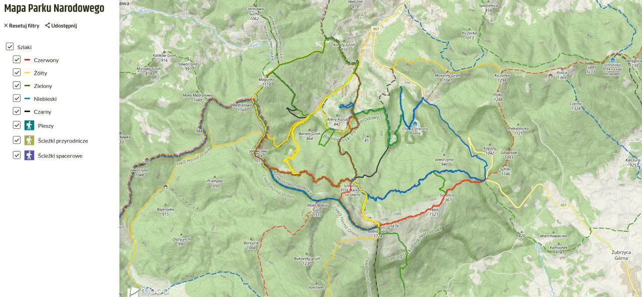 Mapa Babiog&oacute;rskiego Parku Narodowego
