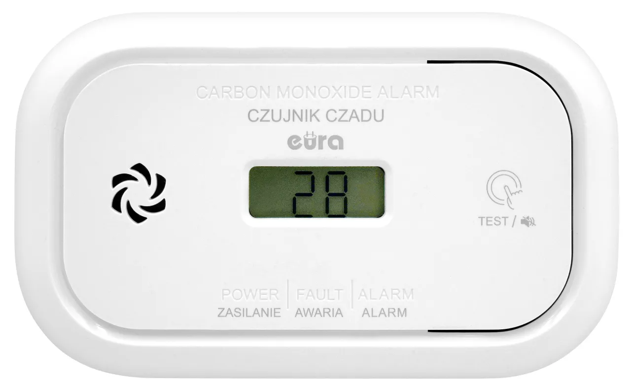 Biały czujnik czadu z wyświetlaczem cyfrowym. Zastanawiasz się, ile kosztuje czujnik? Ten model marki etra jest dobrym wyborem.