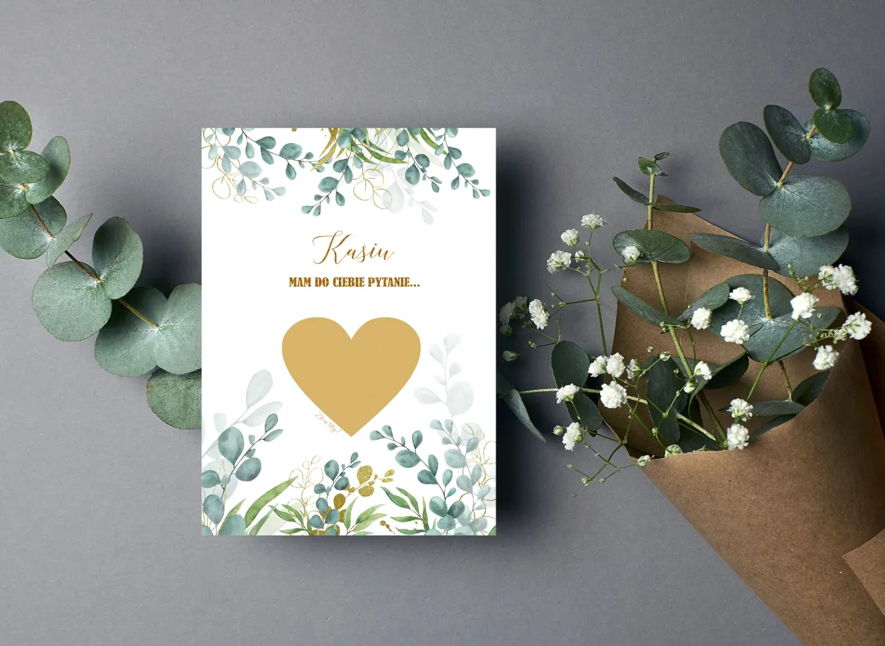 Kasia, mam do Ciebie pytanie... czy zostaniesz moją świadkową? Zdrapka z sercem i zielonymi liśćmi.