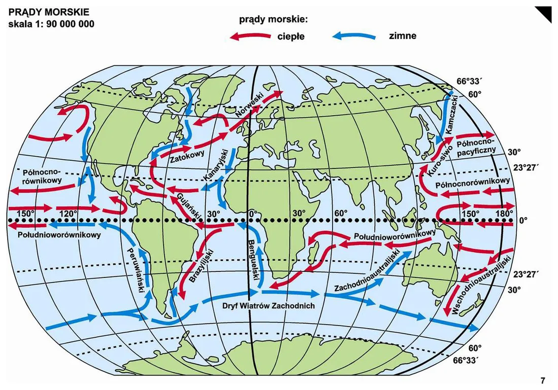 mapa prądów morskich ciepłych i zimnych