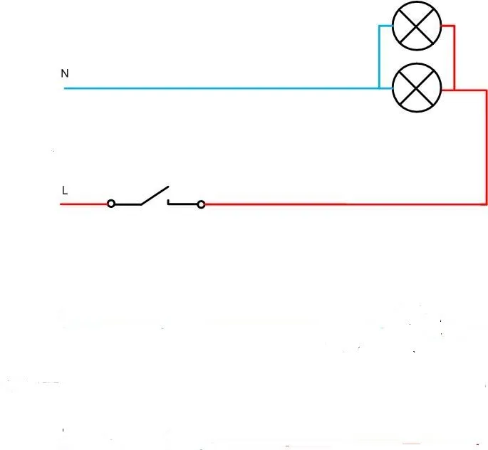 Wnętrze żyrandola z dwoma obwodami (L1, L2, N, PE) i mostkowaniem