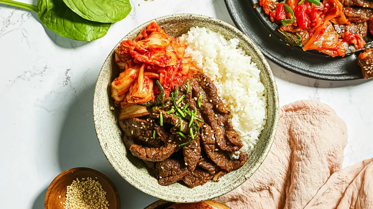 Miseczka z ryżem, wołowiną i kimchi. To danie pokazuje, kimchi co to takiego &ndash; pikantna, fermentowana kapusta pekińska.