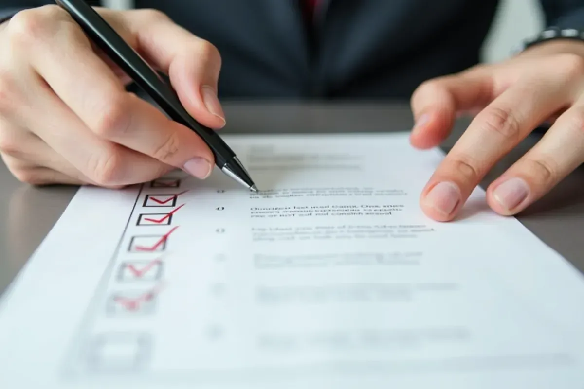 Ręka z długopisem zaznacza kolejne punkty na liście. Może to być krok do tego, jak zamknąć konto w mbanku.