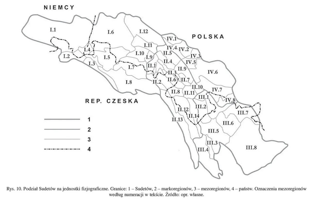 Mapa podziału Sudet&oacute;w pasma g&oacute;rskie