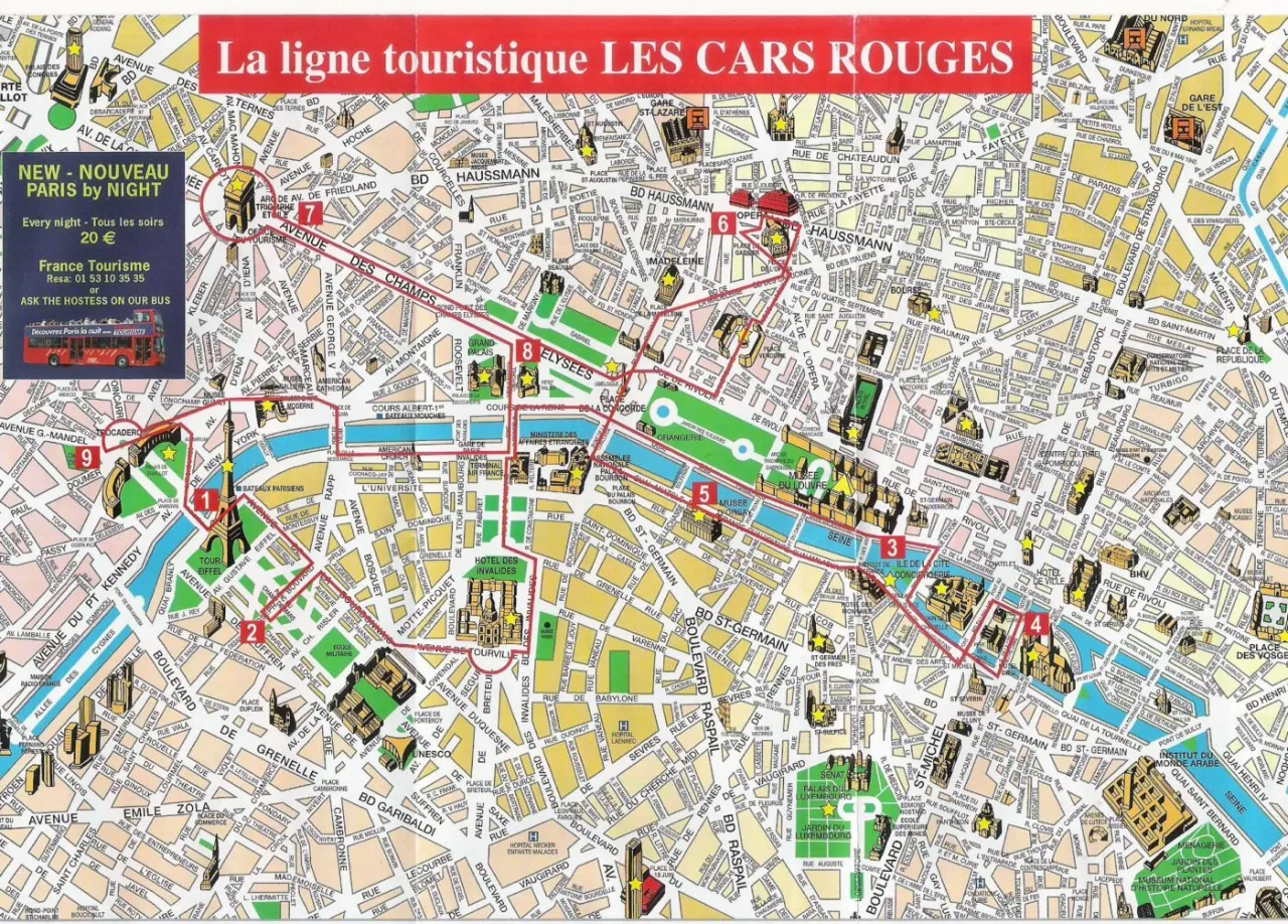 Mapa dzielnic Paryża z zaznaczonymi atrakcjami turystycznymi