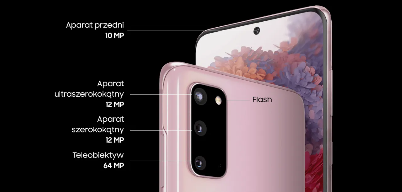 Różowy Samsung S20 z aparatem ultraszerokokątnym 12 MP, szerokokątnym 12 MP i teleobiektywem 64 MP.