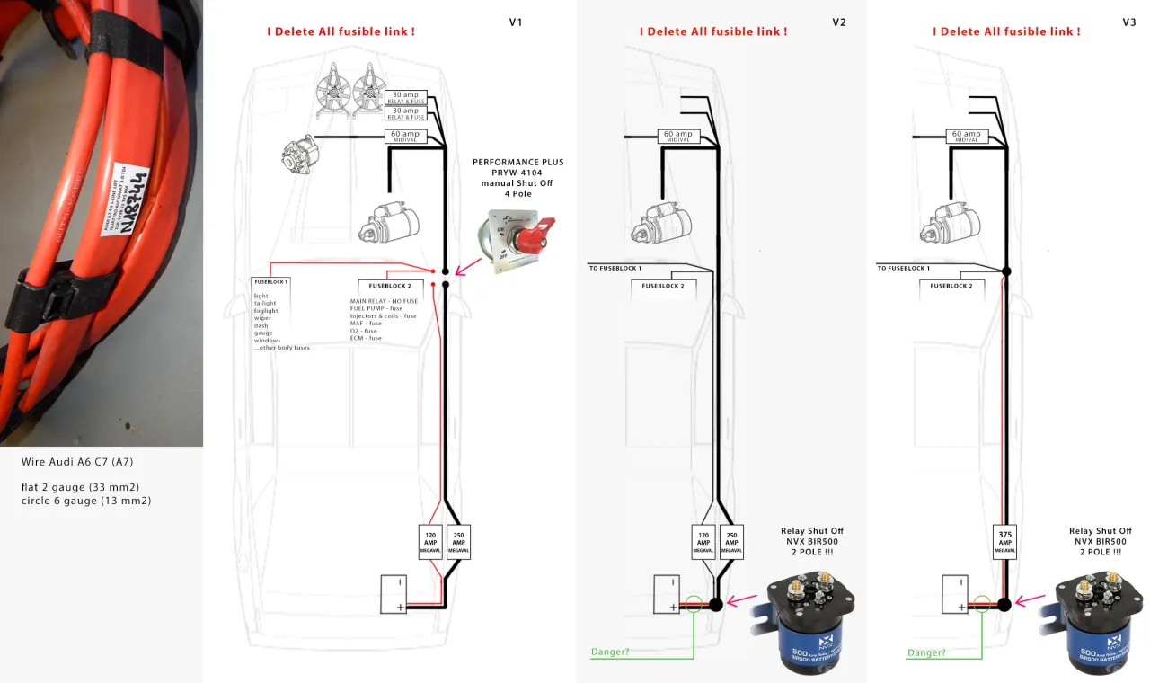 Schemat instalacji wyłącznika akumulatora. Pokazuje różne warianty podłączenia przekaźnika odcinającego akumulator.