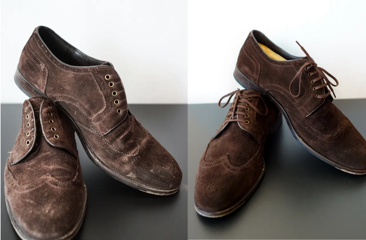 buty zamszowe przed i po czyszczeniu, zadbane buty zamszowe