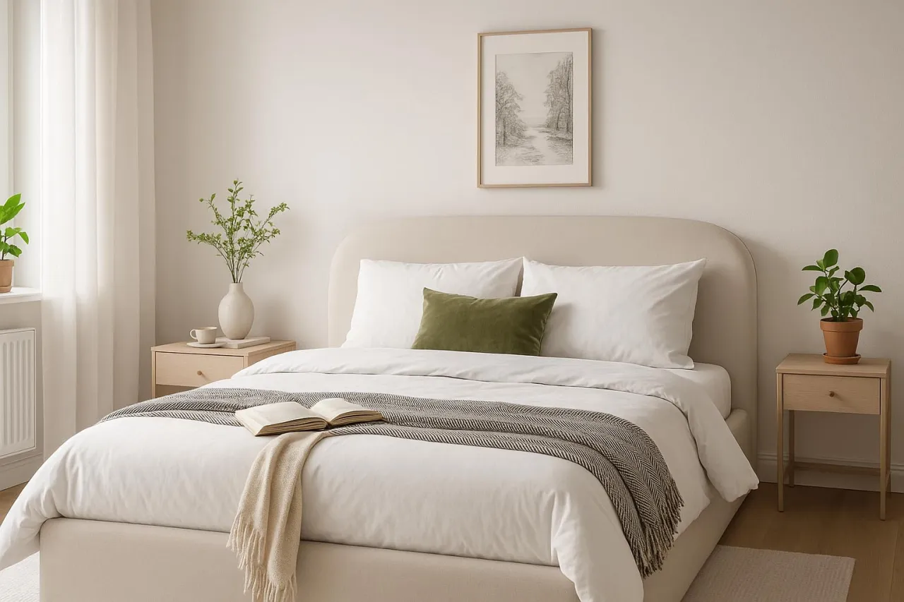Jak ocieplić białą sypialnię drewnem tekstyliami