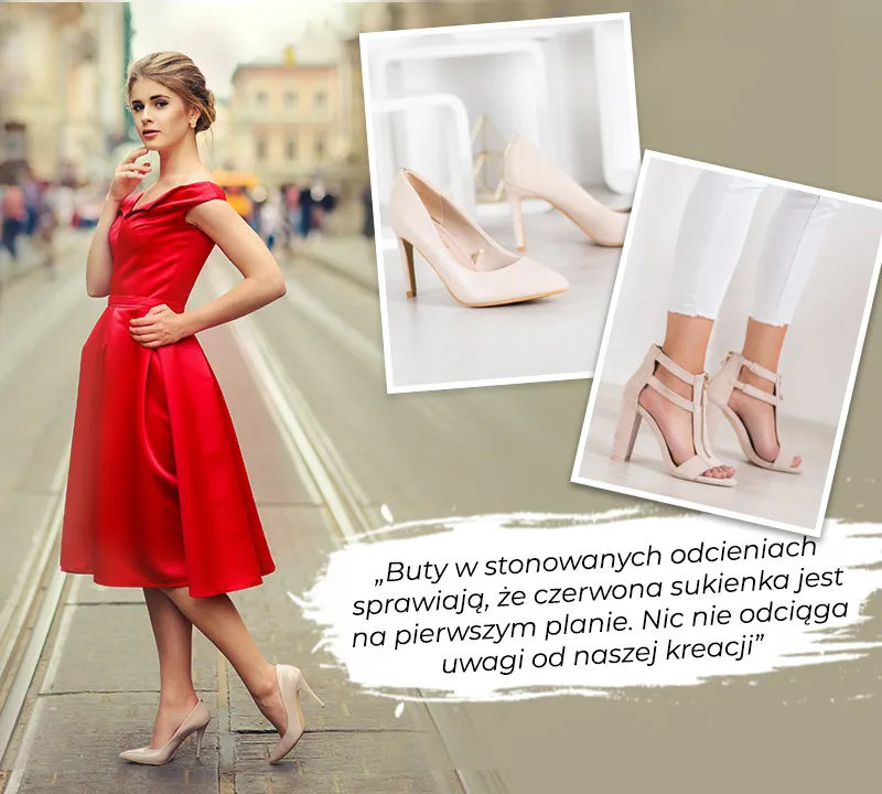 czerwona sukienka szpilki nude czarne złote stylizacje