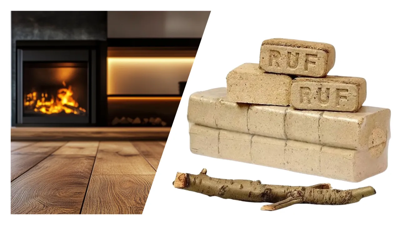 Tona brykietu ile to drewna? Stos brykiet&oacute;w RUF obok palącego się kominka sugeruje, że taka ilość zastąpi wiele drewna opałowego.