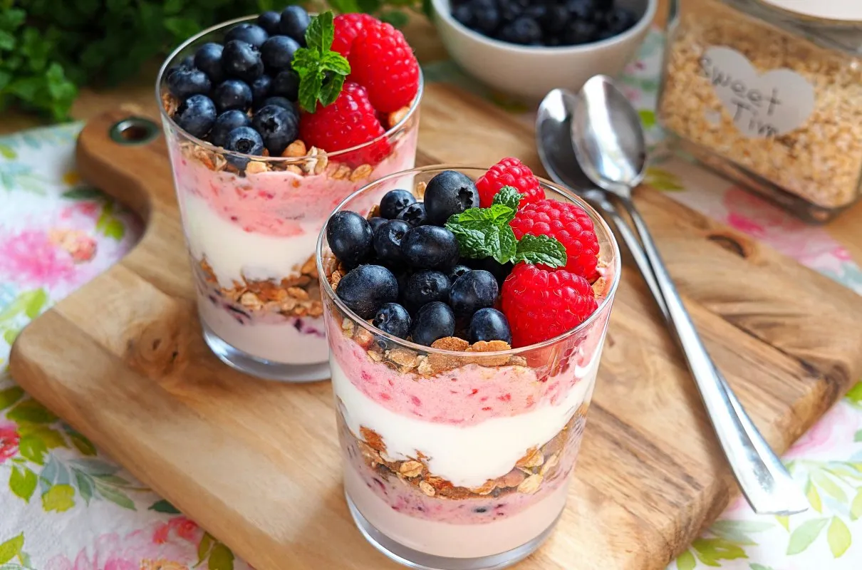 Dwa pucharki z jogurtem, granolą i owocami leśnymi. Idealne, by pokazać, jak zrobić dietetyczne musli.