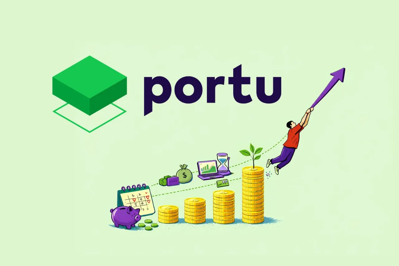 Ilustracja pokazuje, na czym polega inwestowanie: od świnki-skarbonki i kalendarza, przez rosnące stosy monet, po człowieka lecącego na strzałce wzrostu.