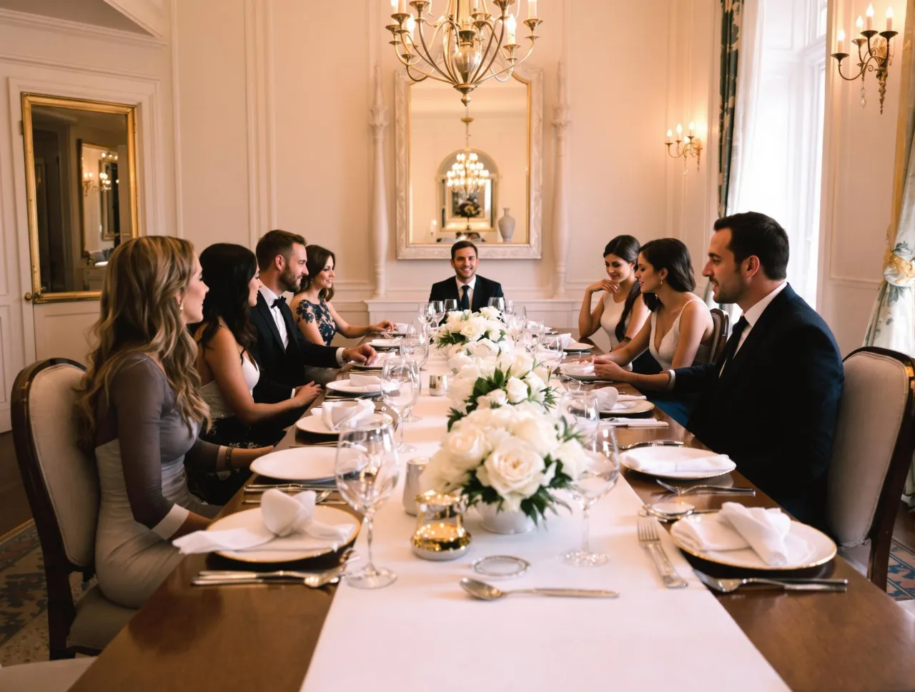 Elegancka kolacja z cateringiem. Goście przy stole, białe r&oacute;że, lustro i żyrandol tworzą wykwintną atmosferę.