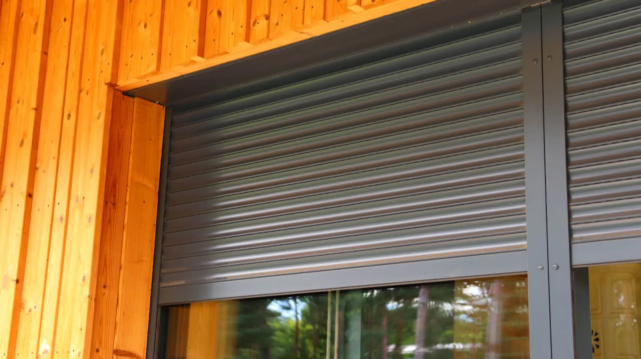 Nowoczesne rolety zewnętrzne elektryczne chronią drewnianą elewację i okno przed słońcem i spojrzeniami.