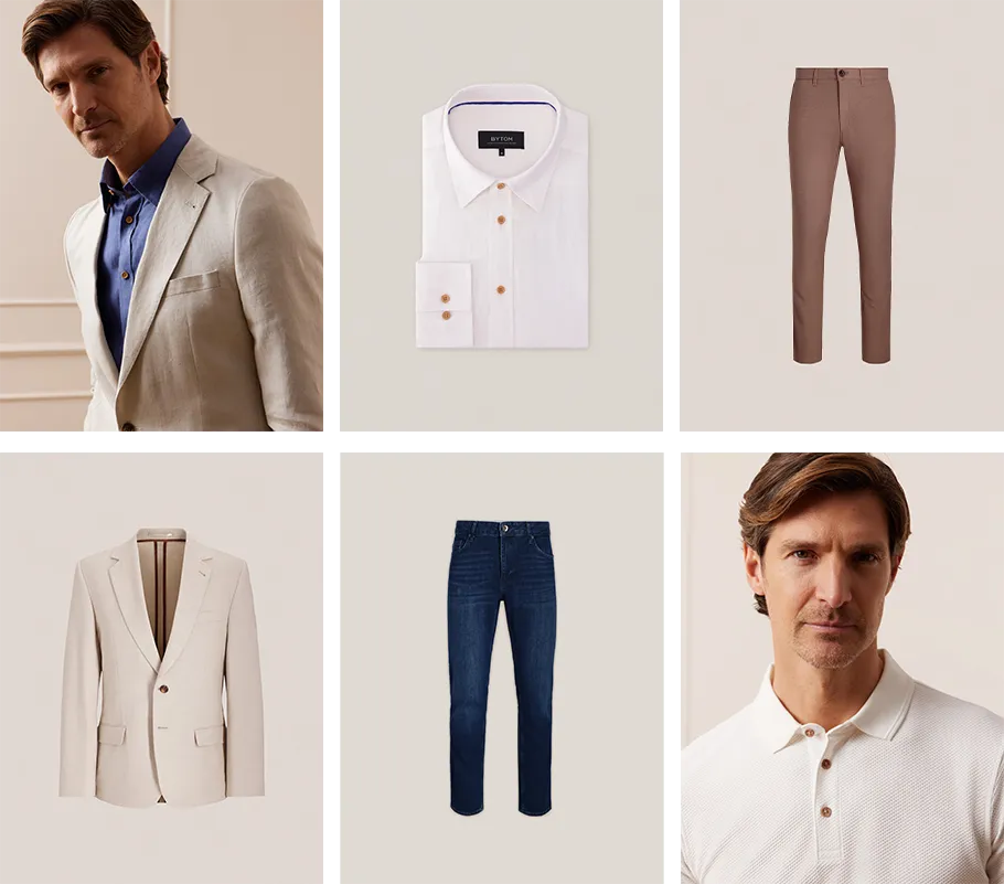 Mężczyzna w beżowej marynarce z różnymi koszulami (biała, błękitna, zielona)