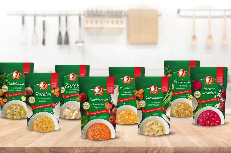 zupy Profi na półce sklepowej, różnorodność smaków