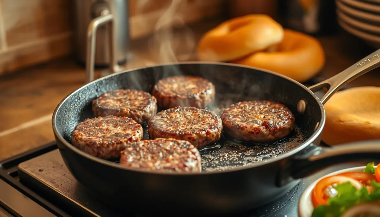 smażenie burgerów na patelni żeliwnej