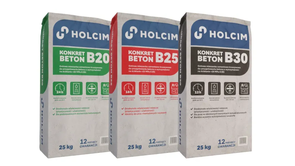 różne worki betonu, klasy betonu B20 B25