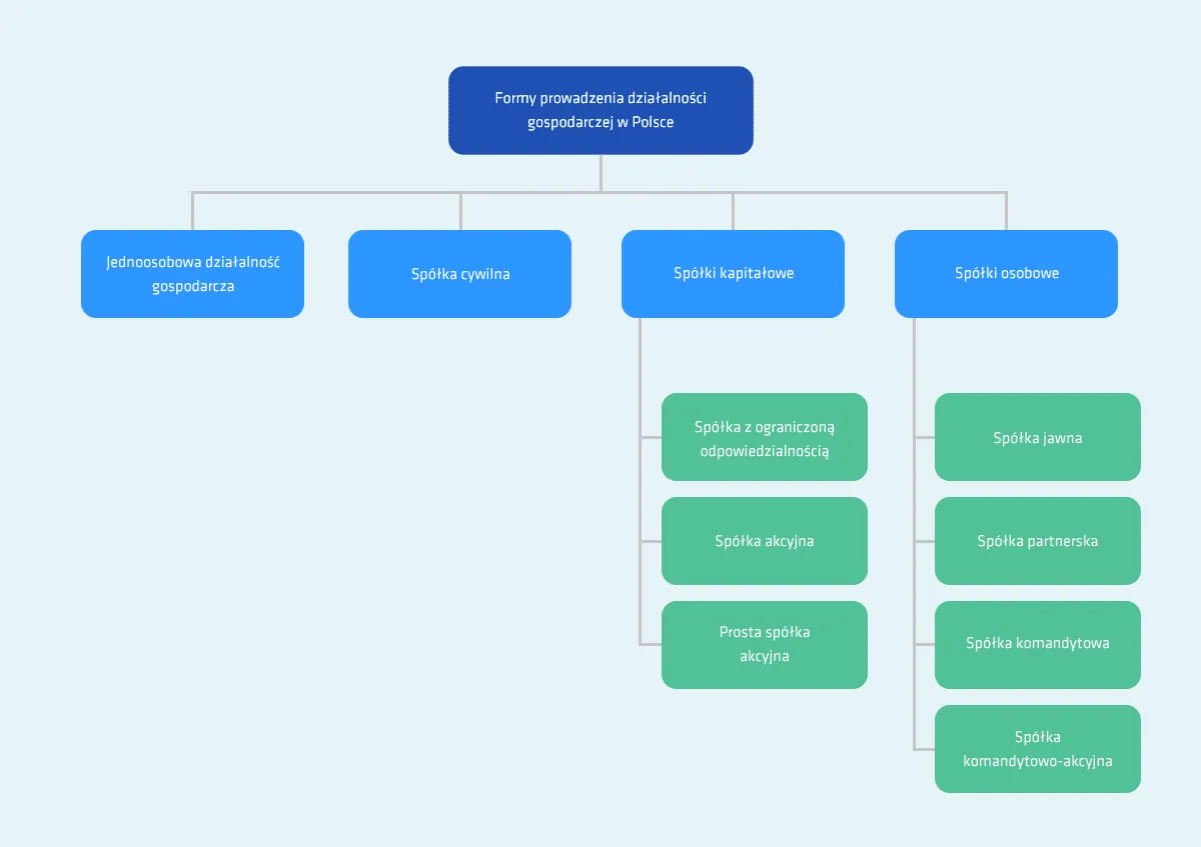 Schemat form prowadzenia działalności gospodarczej w Polsce. Pomaga wybrać, jaką sp&oacute;łkę wybrać: jednoosobową, cywilną, kapitałową czy osobową.