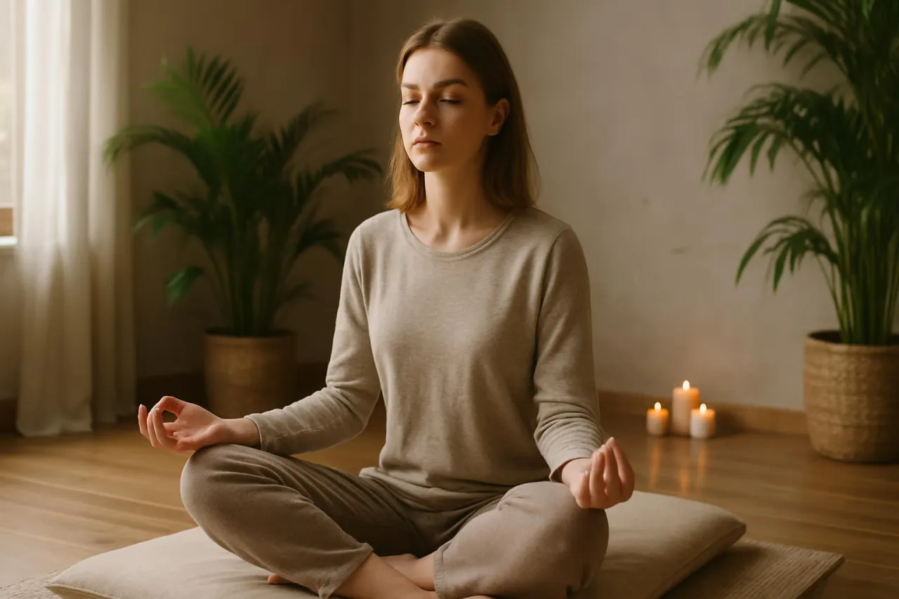 osoba medytująca w domu, spokojne otoczenie, początkujący