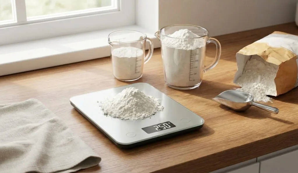 kuchnia z wagą i szklanką mąki
