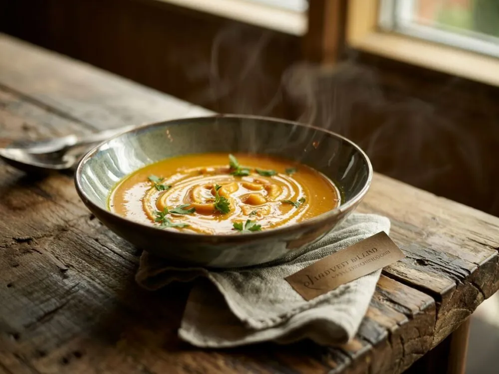 Różne dodatki do zupy dyniowej na drewnianym stole