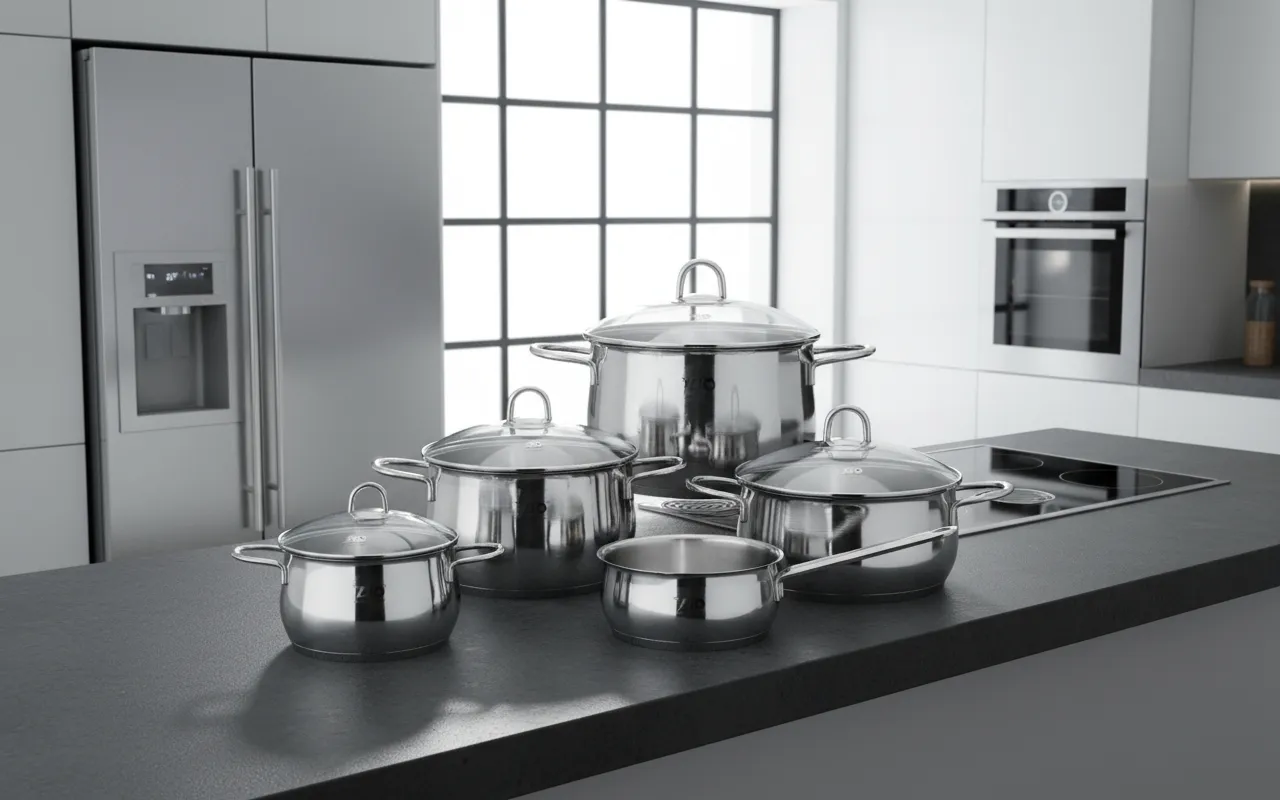 Zestaw garnków ze stali nierdzewnej. To jest właśnie to, co to jest emalia, gdy mówimy o naczyniach kuchennych.