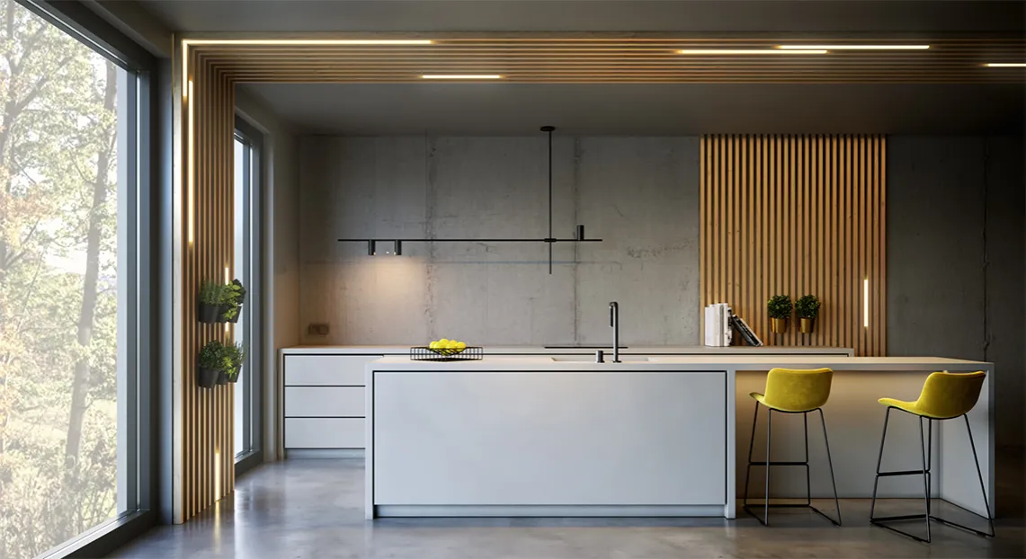 lamele drewniane kuchnia salon, szklana ściana loft kuchnia