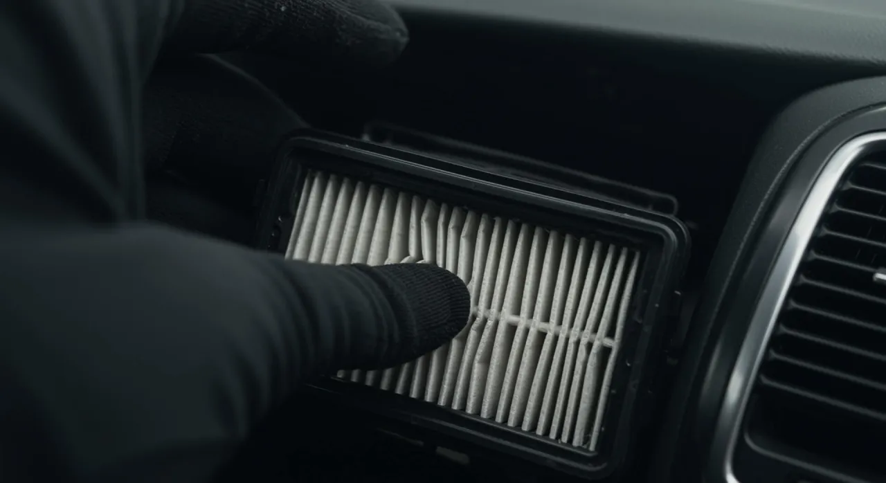 Brudny filtr kabinowy w samochodzie, kt&oacute;ry może być przyczyną nieprzyjemnego zapachu octu w samochodzie.