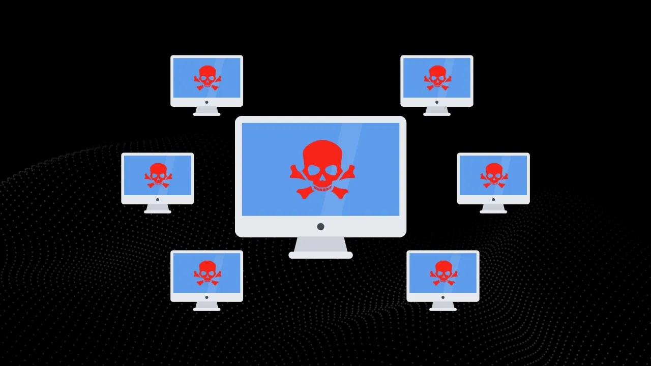 Siedem komputer&oacute;w z czerwonym symbolem czaszki i skrzyżowanych kości na niebieskim tle. To ilustracja pokazująca, co to botnet.