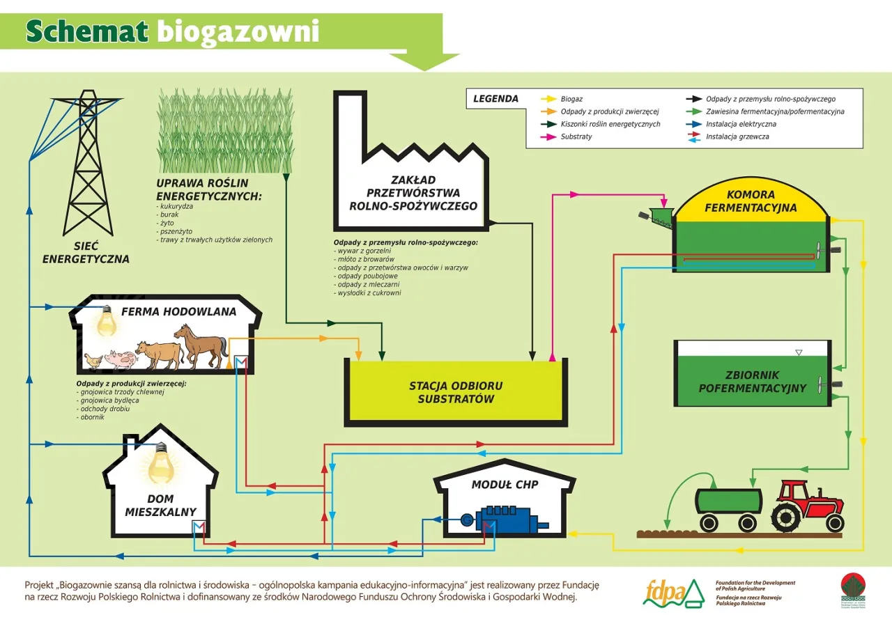 Schemat biogazowni: rośliny energetyczne, odpady z fermy i przetwórstwa trafiają do komory fermentacyjnej, a powstały biogaz zasila moduł CHP.