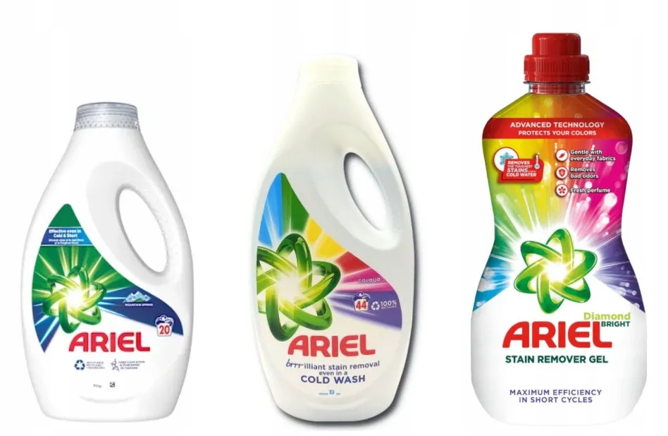 Różne rodzaje odplamiaczy Ariel proszek żel spray