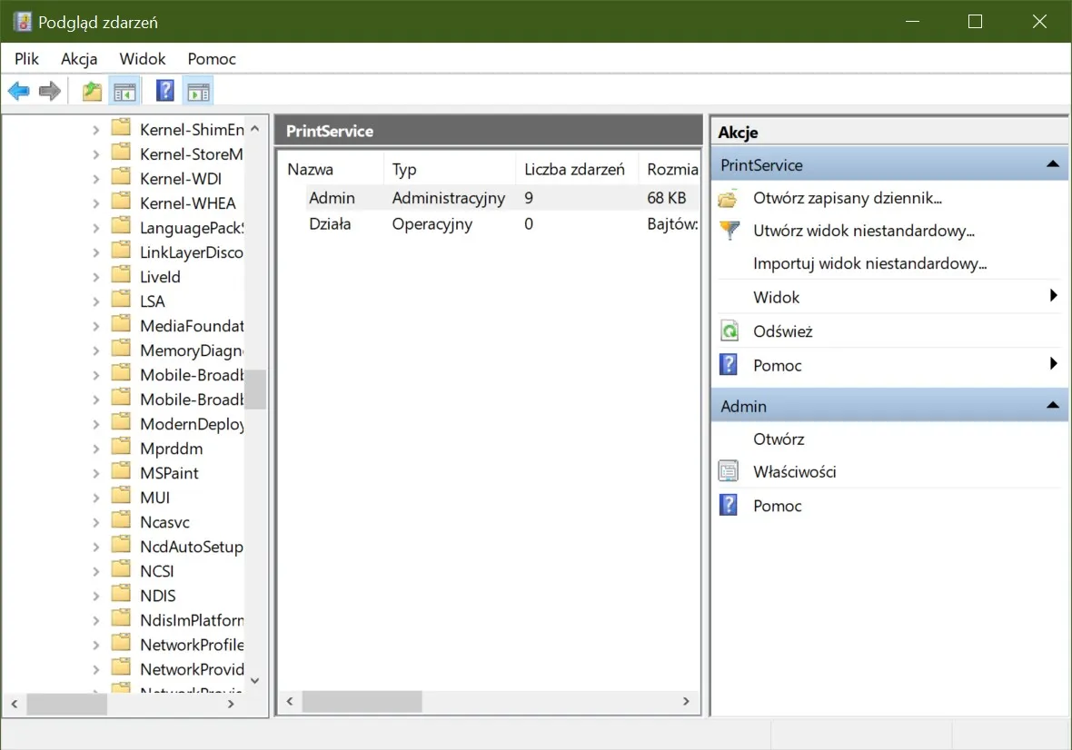 podgląd zdarzeń windows printservice