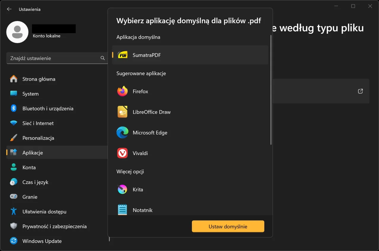 Ustawienia Windows 11: wybierz aplikację domyślną dla plików .pdf, np. SumatraPDF.