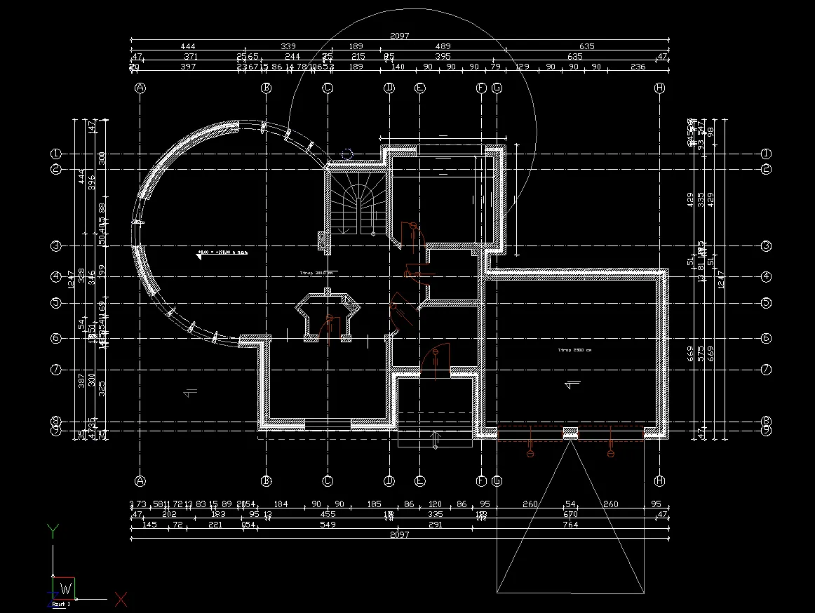 plan budynku z siatką osi