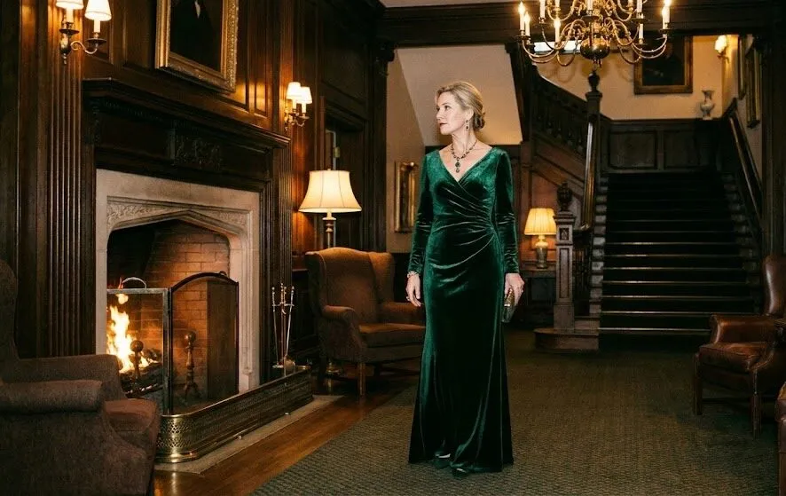 elegancka kobieta w sukience wieczorowej welurowej