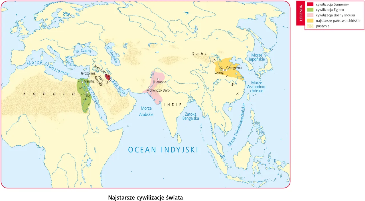 Mapa ukazuje cywilizacje Sumerów, Egiptu, doliny Indusu i najstarsze państwo chińskie. Który kraj jest najstarszy?