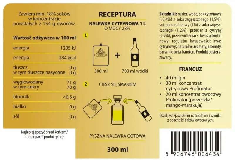 składniki do rozcieńczania nalewki alkohol woda cytryna