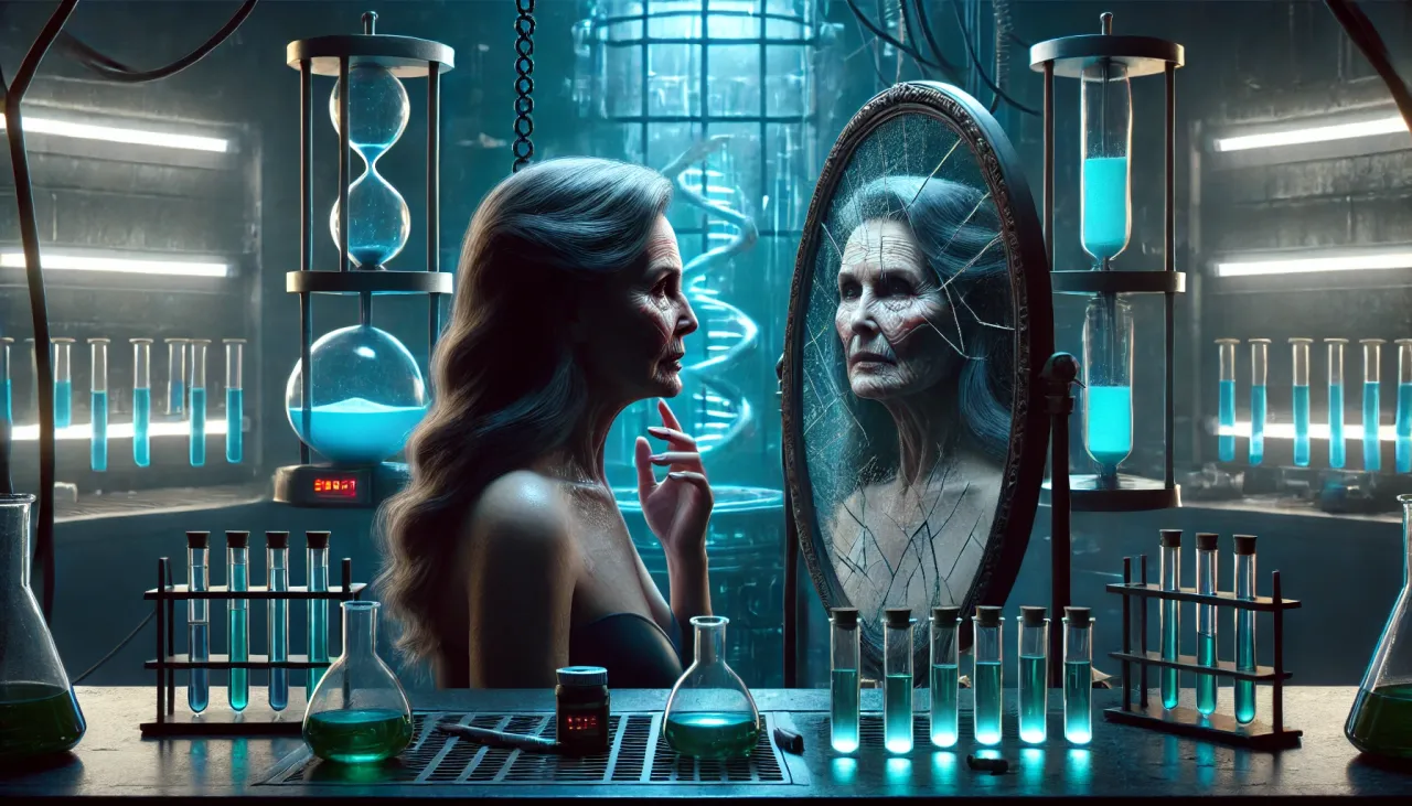 Kobieta w laboratorium patrzy w pęknięte lustro, widząc swoje starzejące się odbicie. Ta scena z filmu