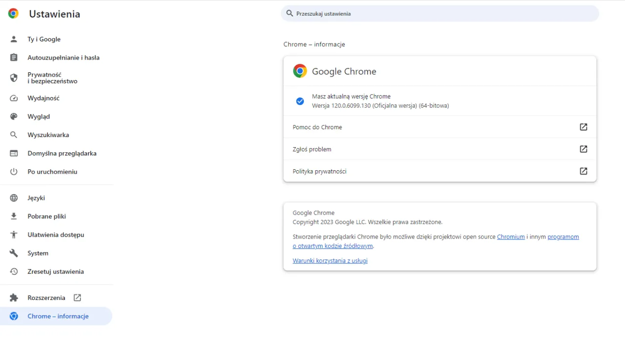chrome informacje o google chrome aktualizacja zrzut ekranu