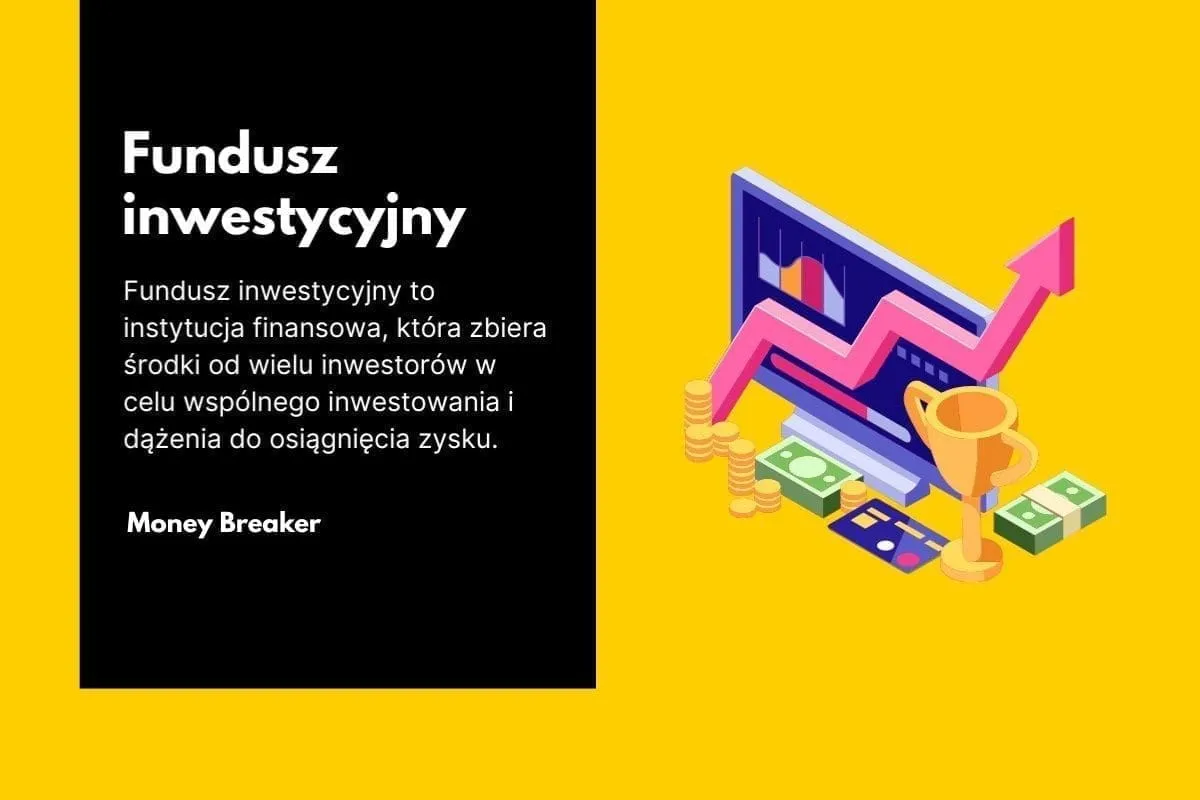 Jak założyć fundusz inwestycyjny? Grafika przedstawia komputer z wykresem wzrostu, stosy monet, banknoty i puchar, symbolizujące sukces finansowy.