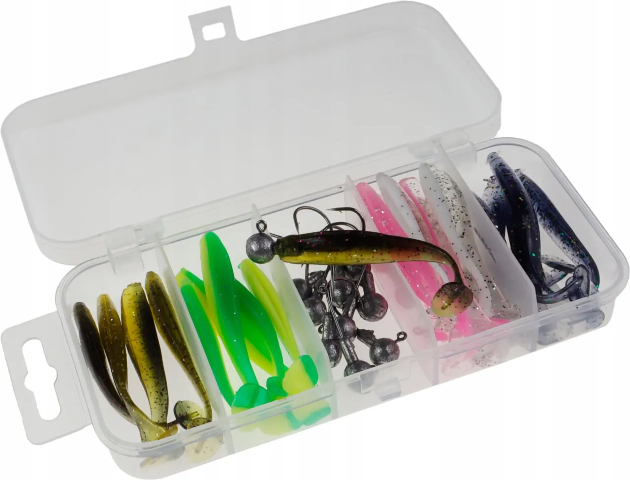 Przezroczyste pudełko z różnymi przynętami, w tym paproszki na okonia w kolorach zielonym, żółtym, różowym i granatowym, gotowe do akcji.