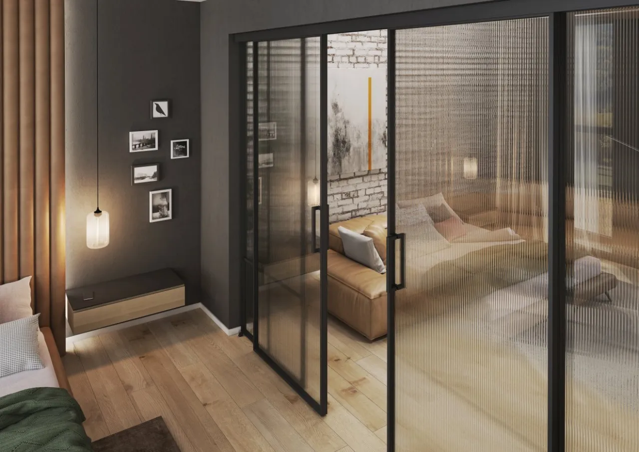 Ażurowy regał dzielący salon i sypialnię