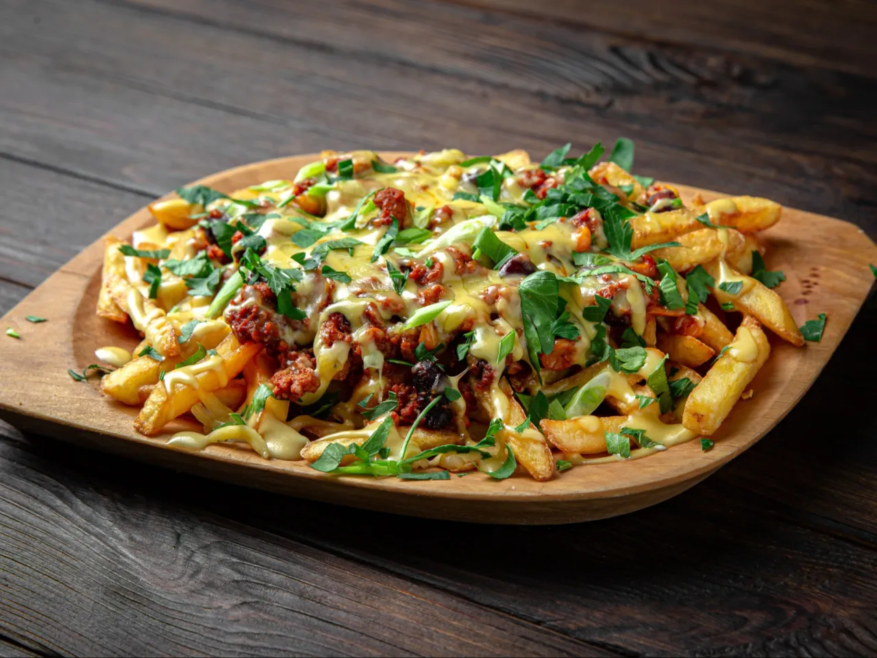 Frytki z r&oacute;żnymi dodatkami, obiad z frytkami, pomysły na dania z frytkami