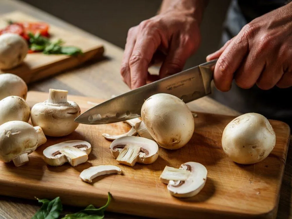 krojenie i smażenie pieczarek do pizzy