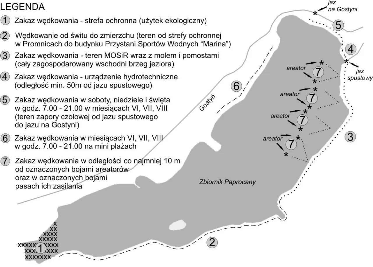 Mapa Zbiornika Paprocany z zaznaczonymi strefami, gdzie obowiązuje zakaz używania zanęty.