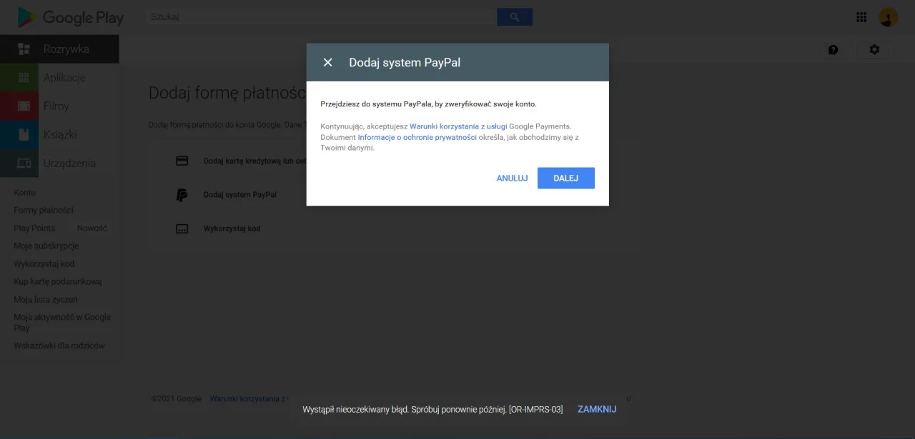 android google play błąd płatności