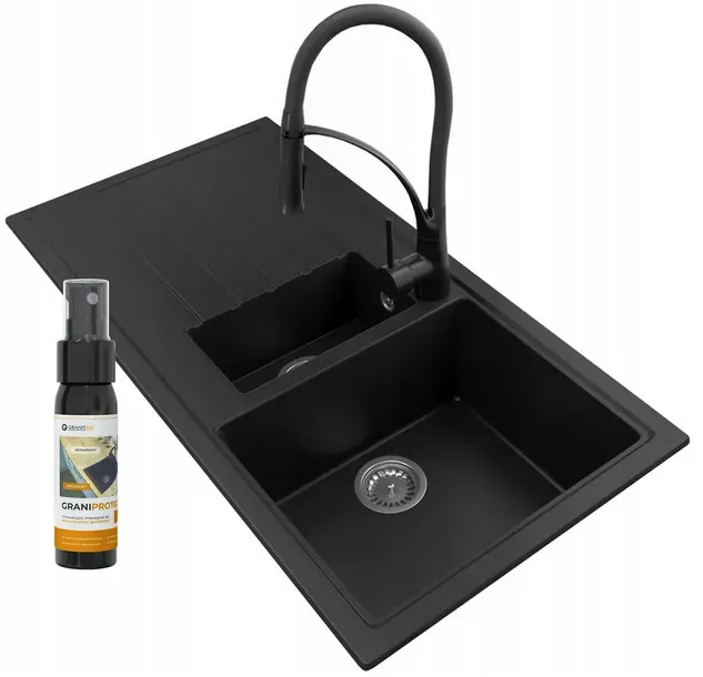 bateria kuchenna w zlewie granitowym i stalowym