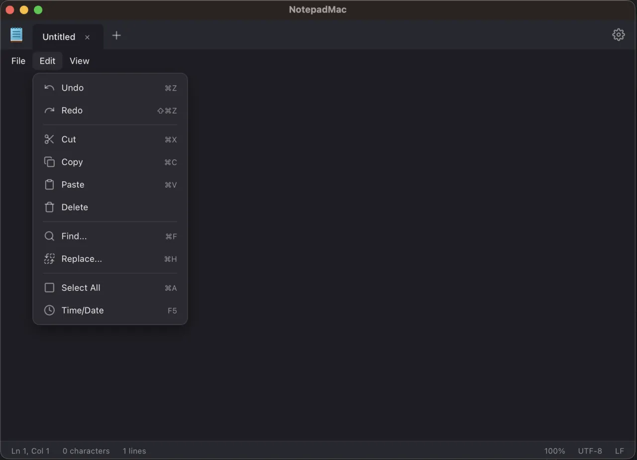 Menu edycji w Notatniku Mac: Cofnij, Przytnij, Kopiuj, Wklej, Usuń, Znajdź, Zamień, Zaznacz wszystko, Czas/Data.